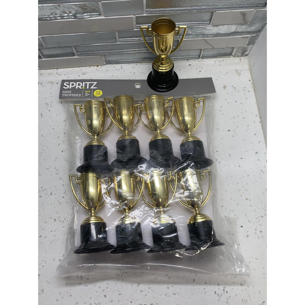 Spritz Mini Plastic Trophies Set of 9 New Party Favor 4" Gold & Black READ!